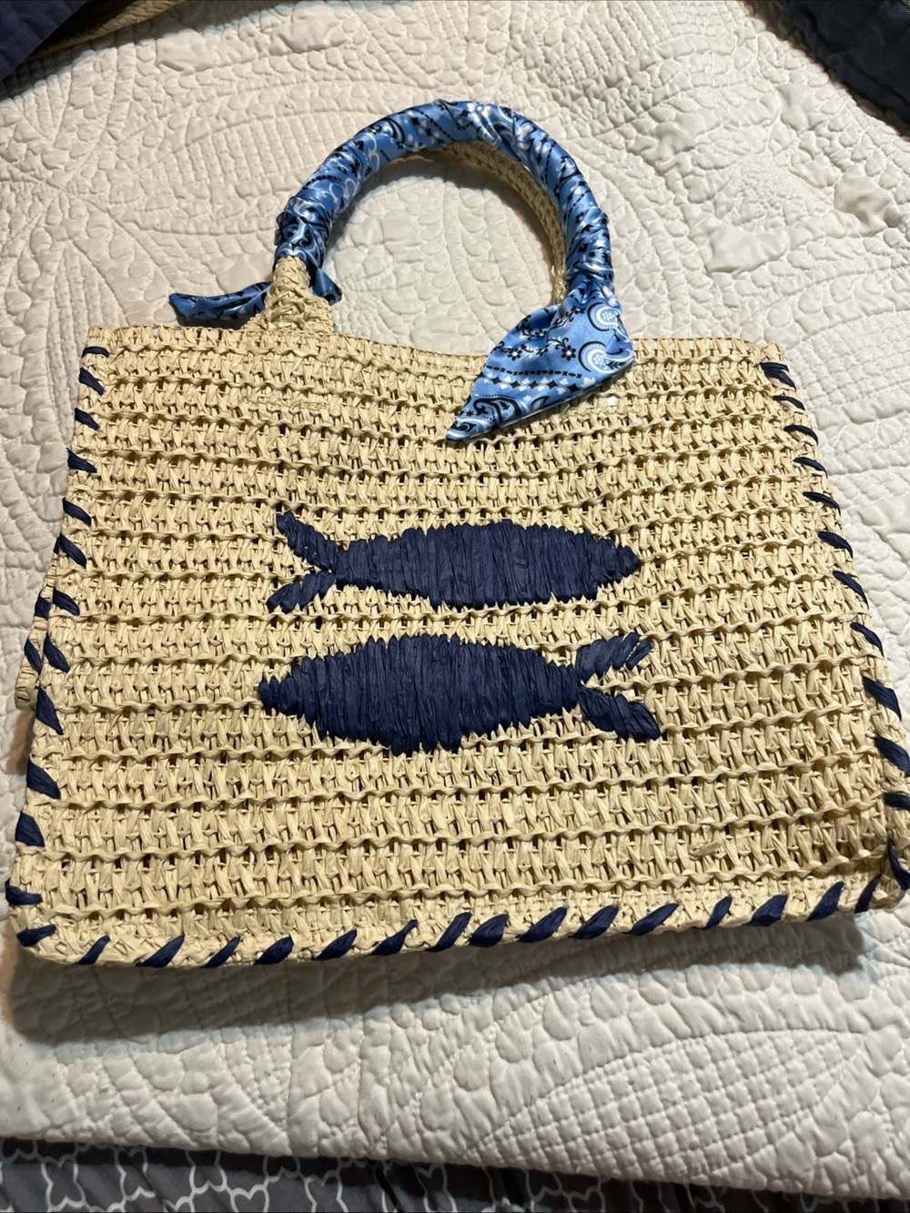 No Boundaries Beach Straw Tote with Navy Fish Motif and Blue Scarf Handle